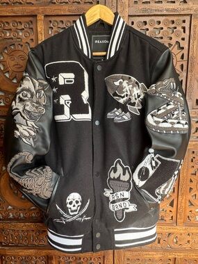 REASON Black Varsity Jacket with Embroidered Grey & White Patches